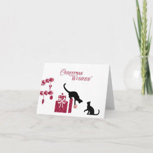 Retro Pink Glitter and Black Cat Christmas Card