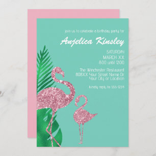Retro Pink Glitter Flamingo and Palm Leaves Invitation