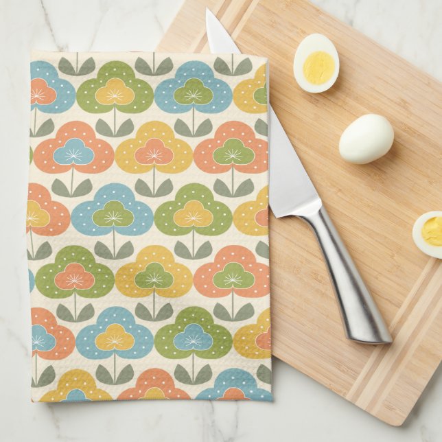 Retro Pink Green Blue Yellow Geometric Flowers Tea Towel (Quarter Fold)