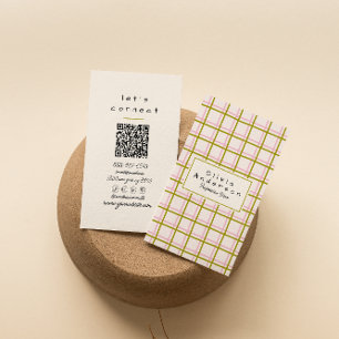 Retro Pink Green Checkered Stripes Trendy QR Code Business Card