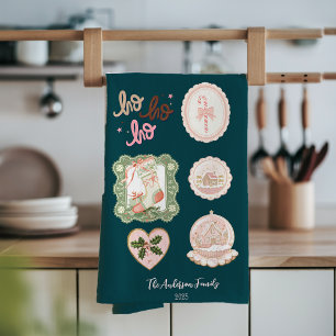 Retro Pink Green Christmas Tea Towel