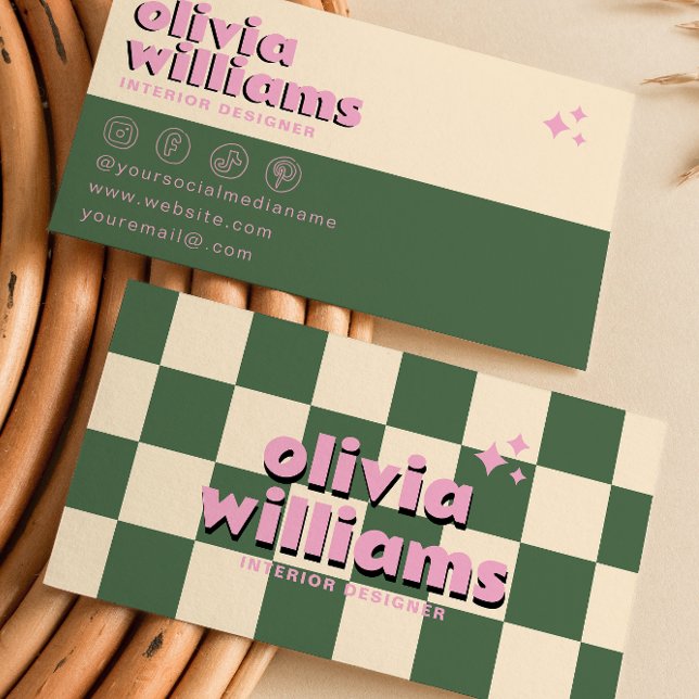 Retro Pink Green Colourful Groovy Chequered Funky  Business Card (Creator Uploaded)
