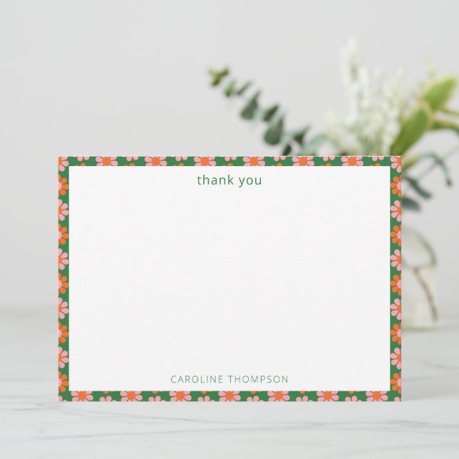 Retro Pink Green Flowers Cute Bridal Shower Custom Thank You Card (Standing Front)