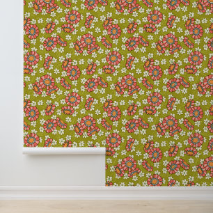 Retro Pink & Green Flowers Pattern Wallpaper