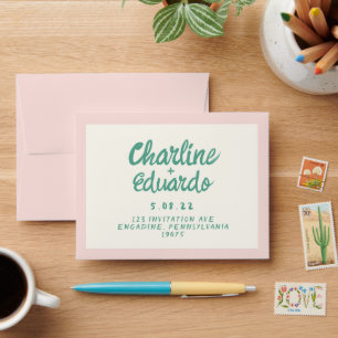 Retro Pink & Green Handwriting Wedding Envelope