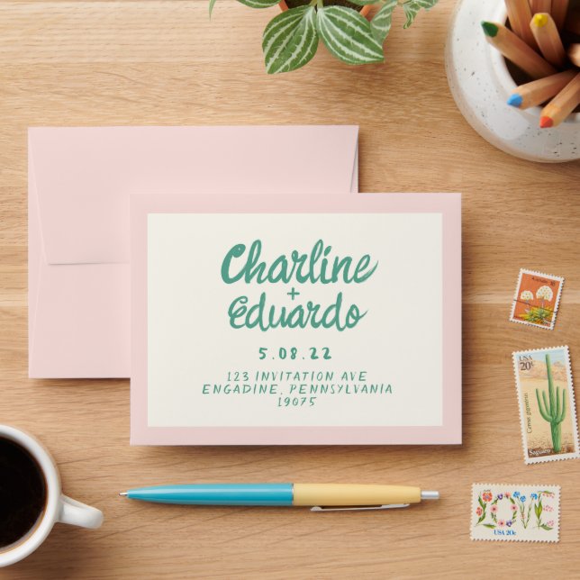 Retro Pink & Green Handwriting Wedding  Envelope (Desk)
