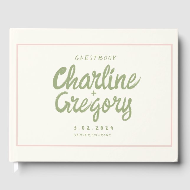 Retro Pink Green Handwriting Wedding  Guest Book (Front)