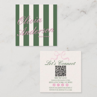 Retro Pink Green Luxury Old Money Coquette QR Code Square Business Card
