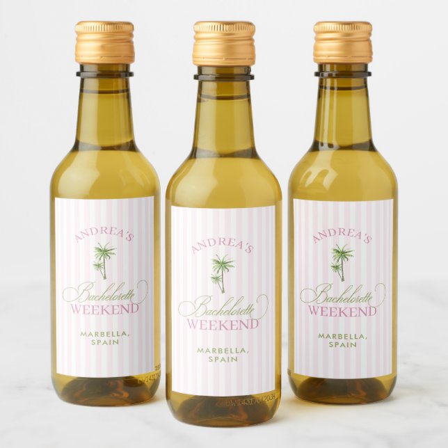 Retro Pink & Green Palm Tree Beach Bachelorette Wine Label (Bottles)