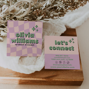 Retro Pink Green Pastel Groovy Checkered Girly Fun Square Business Card