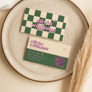 Retro Pink Green QR Code Groovy Chequered Funky  Business Card