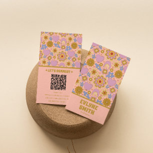 Retro Pink Green QR Code Groovy Floral Girly Business Card