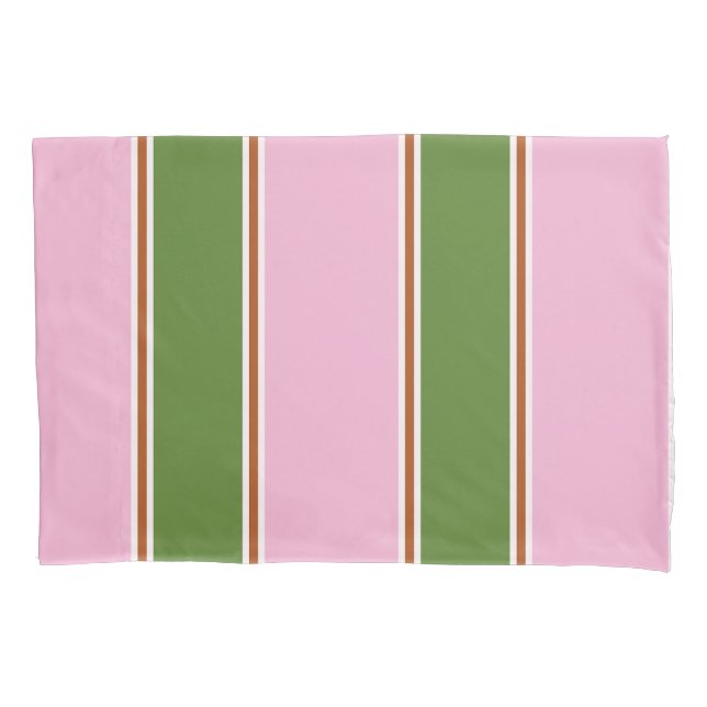 Retro Pink Green Stripe Pattern Pillowcase (Front)