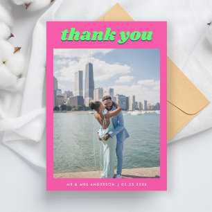 Retro Pink & Green Wedding Thank You Card