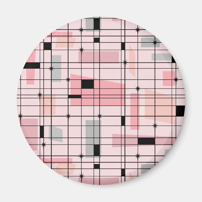Retro Pink Grid and Starburst Round Magnet (Front)