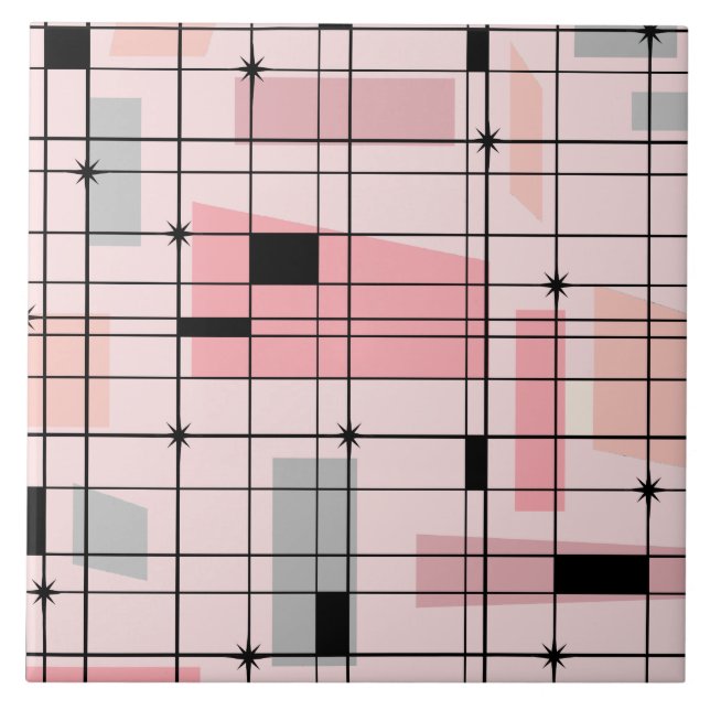 Retro Pink Grid and Starbursts Ceramic Tile (Front)