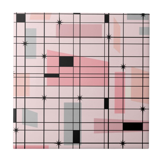 Retro Pink Grid and Starbursts Ceramic Tile (Front)