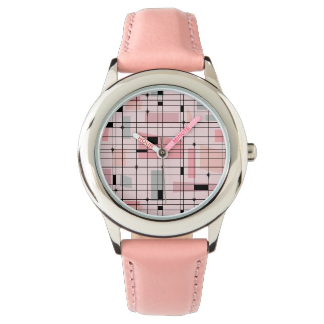 Retro Pink Grid and Starbursts Kid's Watch (Front)