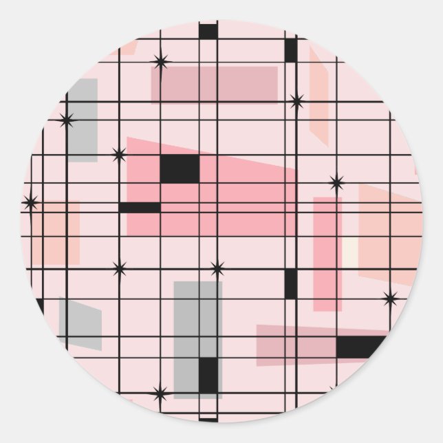Retro Pink Grid and Starbursts Round Stickers (Front)