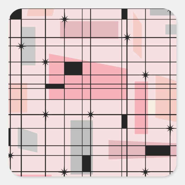 Retro Pink Grid and Starbursts Square Stickers (Front)