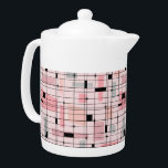 Retro Pink Grid and Starbursts Teapot<br><div class="desc">This Retro Pink Grid and Starbursts Teapot is where vintage style meets modern day. It features a light pink background with kitschy, off kilter squares and rectangles in dove grey and three shades of pink. The whimsical blocks of colour are overlayed and worked into some of the grid intersections. There...</div>