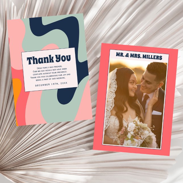 Retro Pink Groovy 70s Photo Thank You Card (Creator Uploaded)