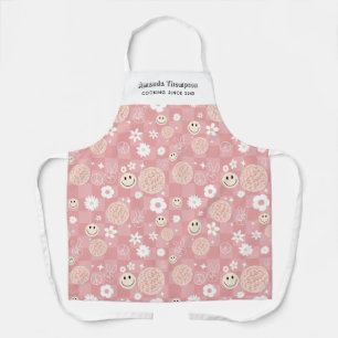 Retro Pink Groovy Chequered Hippie Custom Name Apron