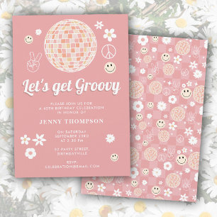 Retro Pink Groovy Chequered Hippie Disco Birthday Invitation