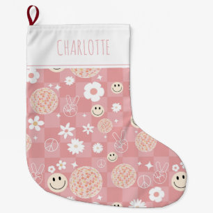 Retro Pink Groovy Chequered Hippie Kids Girl Large Christmas Stocking