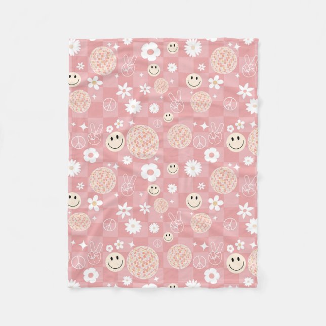 Retro Pink Groovy Chequered Hippie Pattern Fleece Blanket (Front)