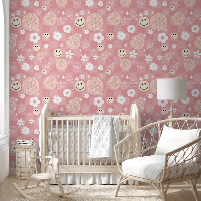 Retro Pink Groovy Chequered Hippie Pattern Girl Wallpaper (Kids)
