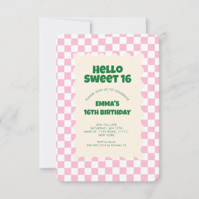 Retro Pink  Groovy Chequered Sweet 16  Invitation (Front)