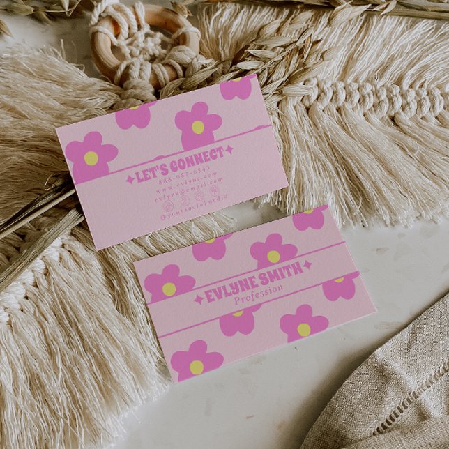 Retro Pink Groovy Floral Boho Girly Unique 70s Business Card (Creator Uploaded)
