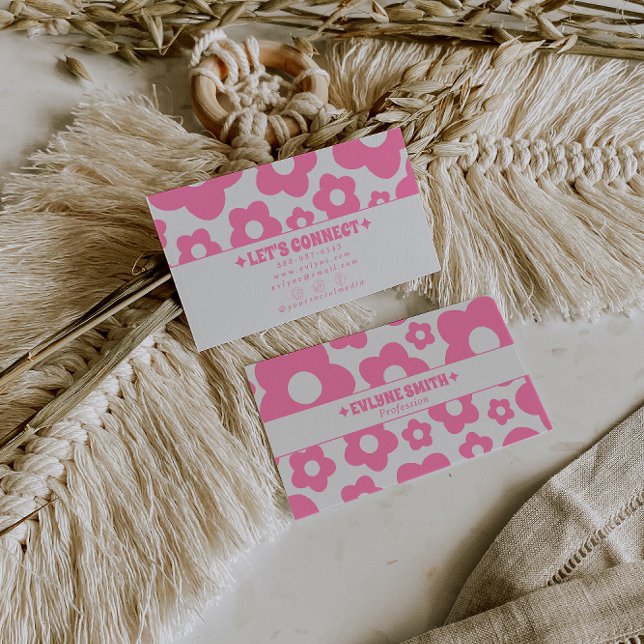 Retro Pink Groovy Floral Boho Girly Unique Trendy  Business Card (Creator Uploaded)