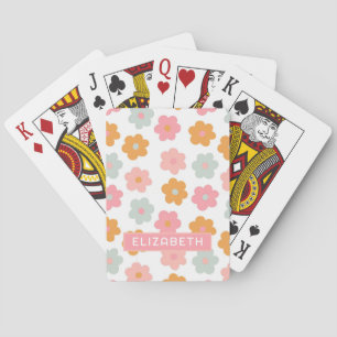 Retro Pink Groovy Floral Pattern Playing Cards