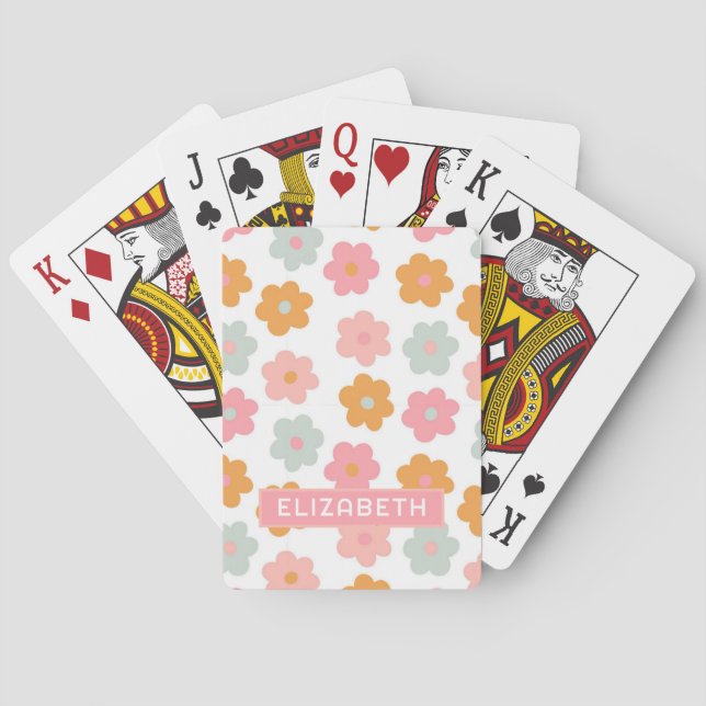 Retro Pink Groovy Floral Pattern Playing Cards (Back)