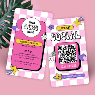 Retro Pink Groovy Logo Social Media QR Code Business Card