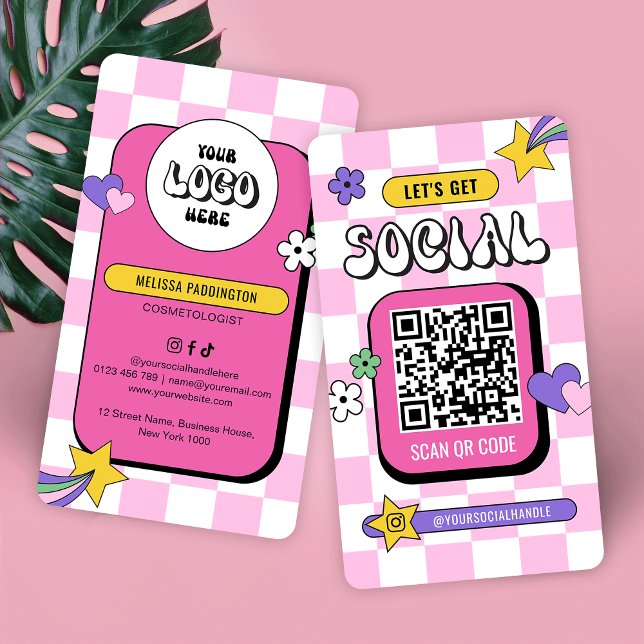 Retro Pink Groovy Logo Social Media QR Code Business Card (Trendy pink QR code business cards with retro pink background, your logo & QR Code)