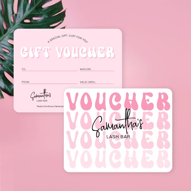 Retro Pink Groovy Trendy Beauty Salon Gift Voucher Card (Trendy pink and white gift voucher cards with retro fonts and space for your logo and details)