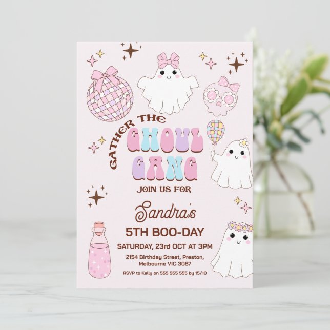 Retro Pink Halloween Girls Ghoul Gang Birthday Invitation (Standing Front)