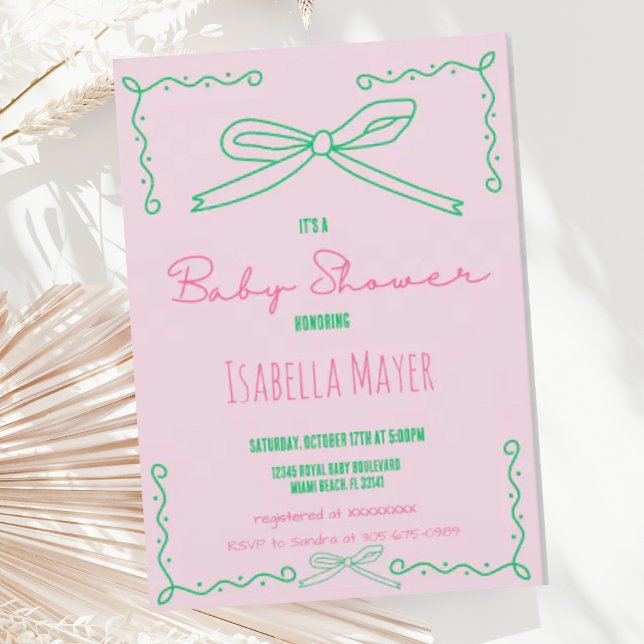 Retro Pink Hand Drawn Bow Baby Shower Invitation (Creator Uploaded)