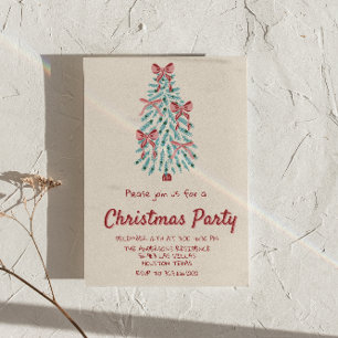 Retro Pink Hand Drawn Christmas Bows Tree Party  Invitation