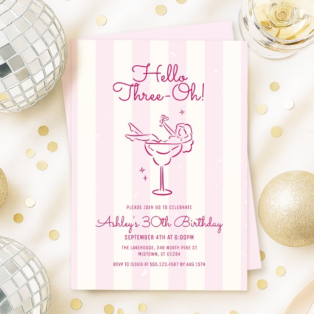 Retro Pink Hand Drawn Cocktail Glass 30th Birthday Invitation (Retro pink hand drawn cocktail on vintage stripe 30th birthday invitation with whimsical font)