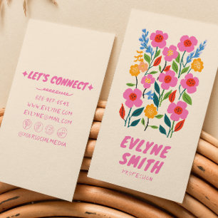 Retro Pink Handwritten Drawn Floral Girly Colourfu Business Card