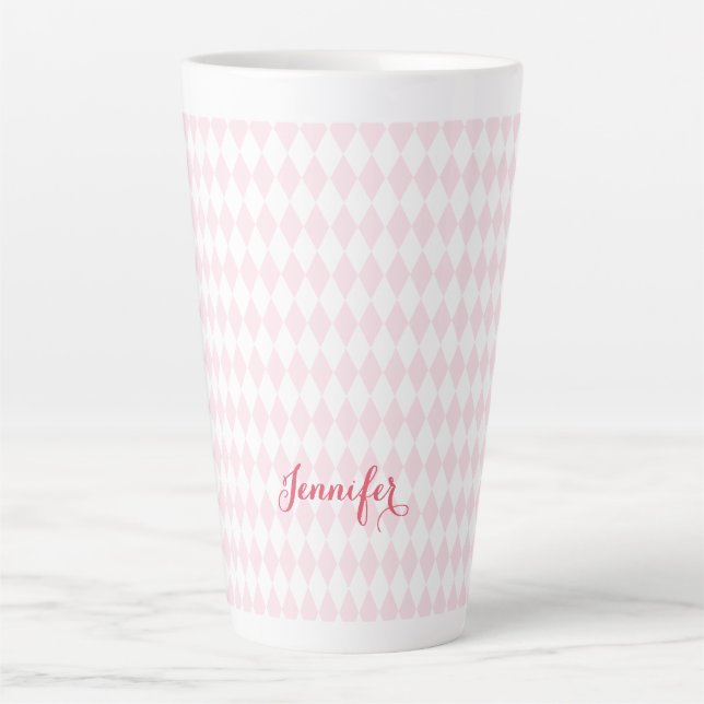 Retro Pink Harlequin Pattern Elegant Monogrammed Latte Mug (Front)