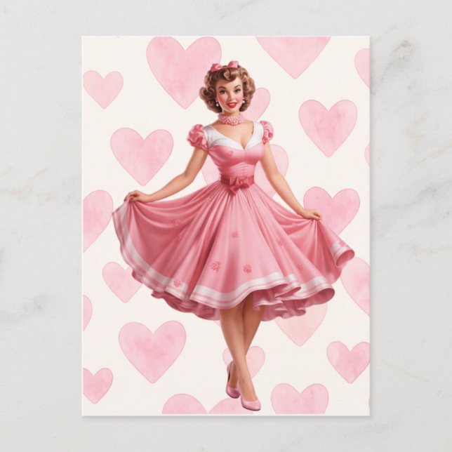 Retro Pink Hearts Romance Card Postcard  (Front)