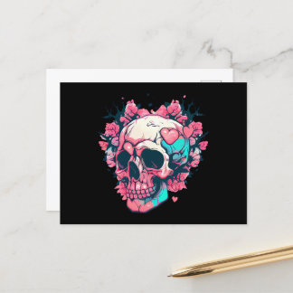 Retro Pink Hearts Skull Postcard