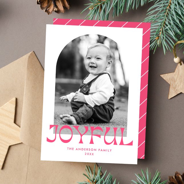 Retro Pink Joyful Arch Photo Holiday Card (Creator Uploaded)