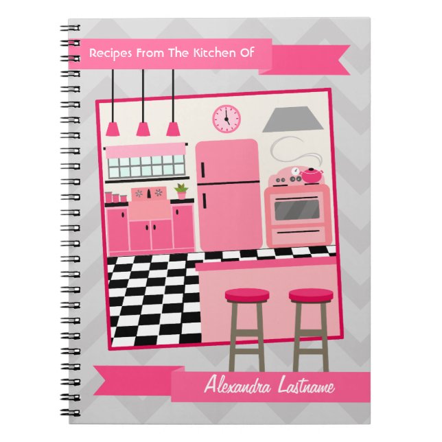 Retro Pink Kitchen & Zig Zag Recipe Notebook (Front)