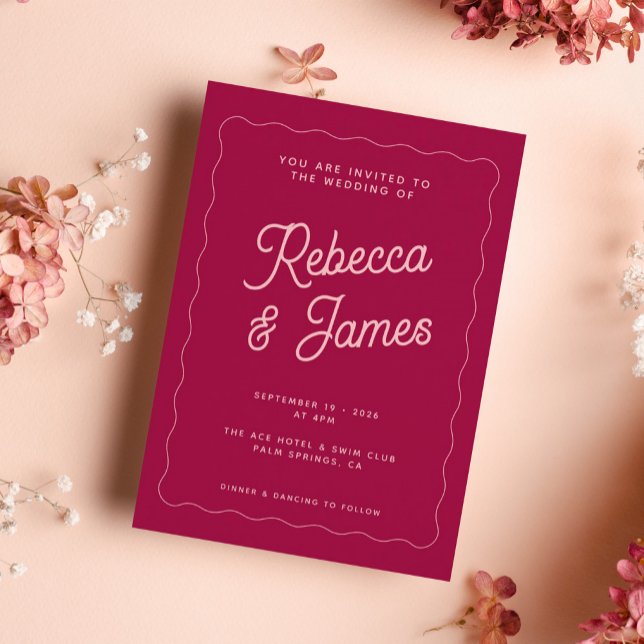 Retro Pink Magenta Fuchsia Wave Frame Wedding Invitation (Creator Uploaded)
